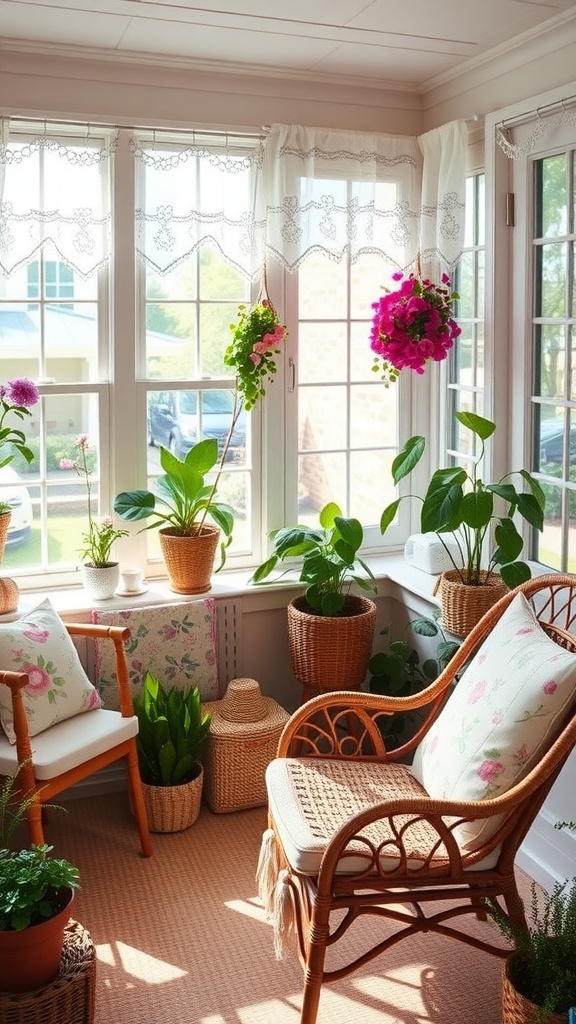 A cozy sunroom filled with plants and floral decor, featuring a rattan chair and natural light.