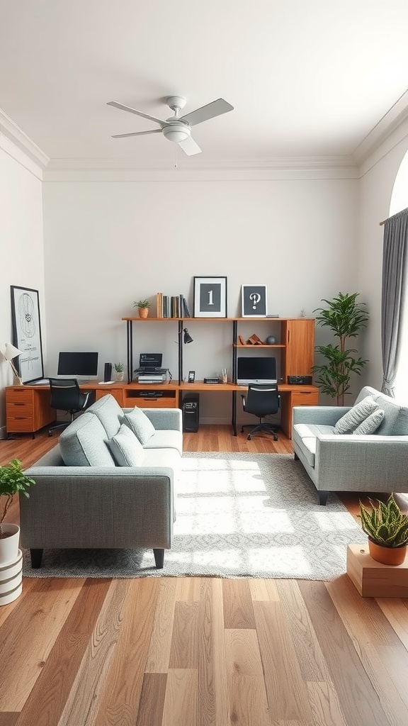 Cozy open floor plan home office with two couches, a work desk, and plants.