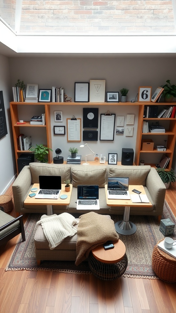 A cozy home office featuring a couch with laptops and wooden tabletops, set up for collaboration.