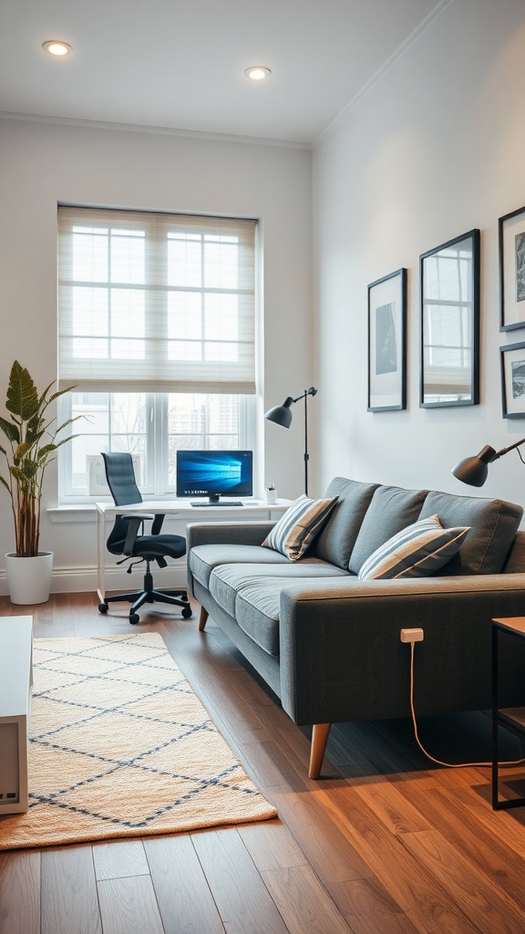 A modern home office featuring a grey couch with built-in technology, a desk with a monitor, and bright natural light.