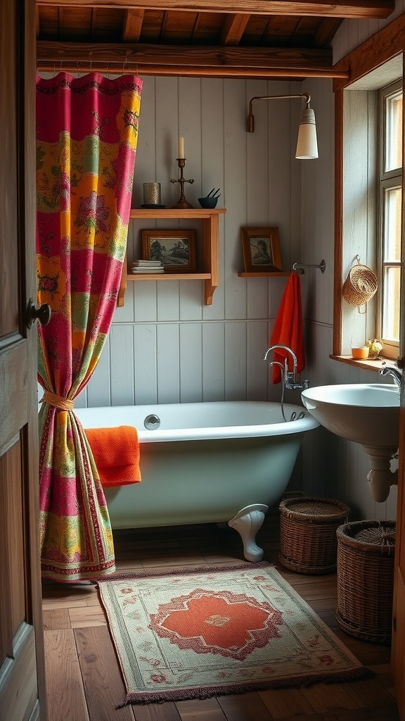 Vintage bathroom with a freestanding bathtub, colorful shower curtain, and wooden accents