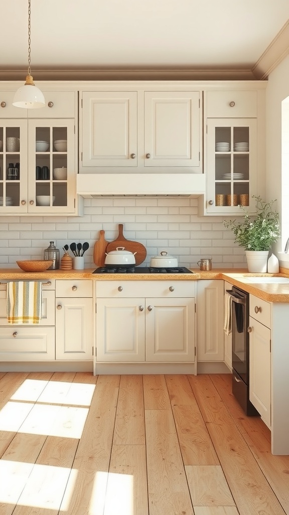 A cozy farmhouse kitchen featuring soft white cabinets, warm wood countertops, and glass-fronted cabinetry.