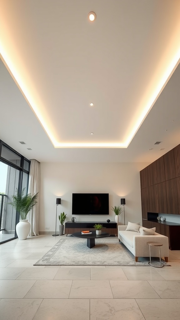 A modern living room with cove lighting along the ceiling, highlighting a stylish decor setup