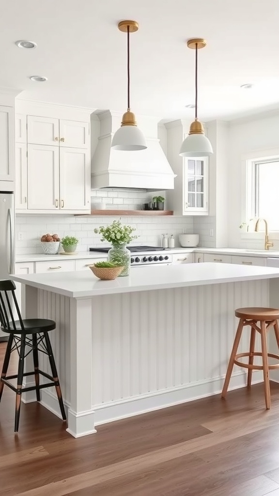 A kitchen peninsula covered with vertical shiplap, featuring stylish bar stools and modern appliances.