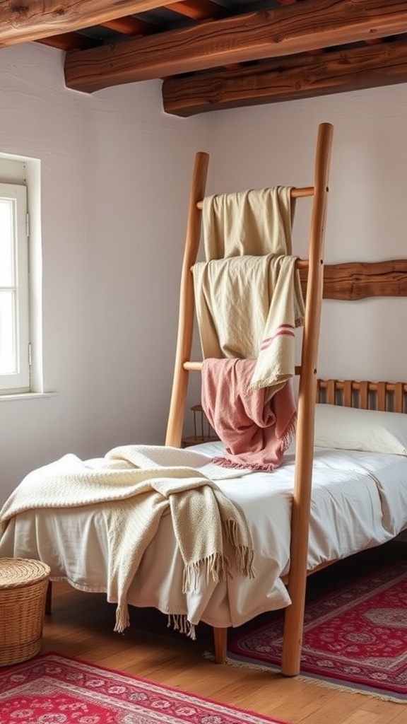Cozy blanket ladder with soft blankets in a rustic bedroom