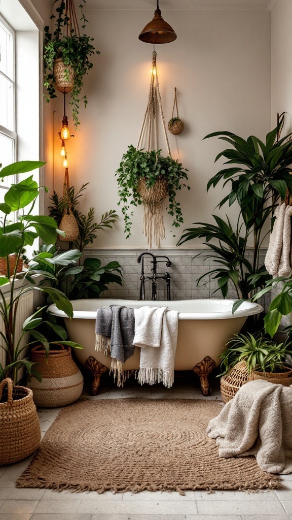 A cozy Boho bathroom nook with a freestanding tub, plants in pots, woven baskets, and warm lighting.