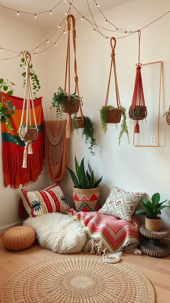 Cozy Boho nook with hanging plants, colorful textiles, and soft pillows