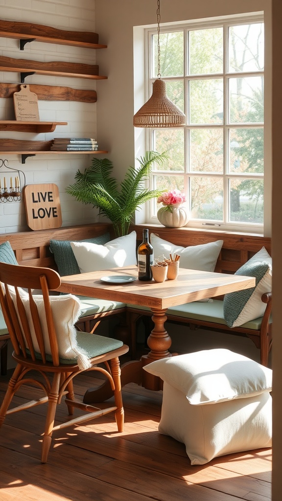 A cozy breakfast nook in a rustic modern kitchen with a wooden table, plush cushions, and bright sunlight.