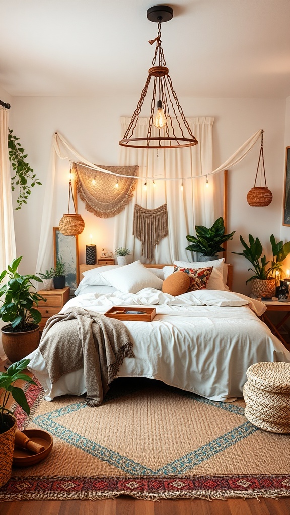 A cozy bedroom with a canopy, plants, and warm lighting.