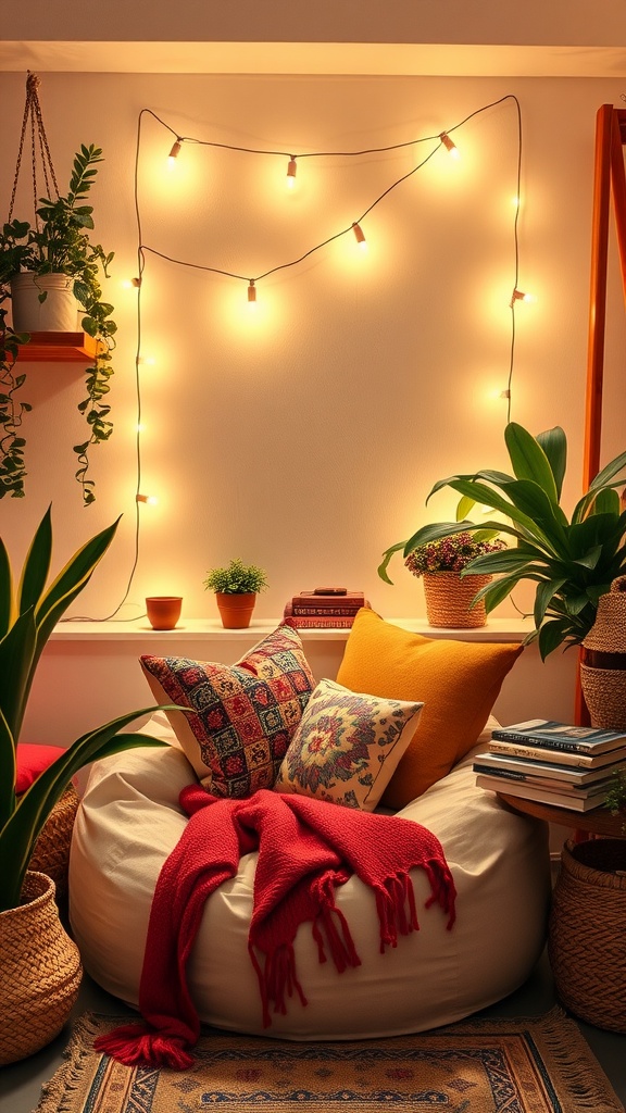 Cozy corner with a bean bag chair, colorful pillows, plants, and soft lighting.