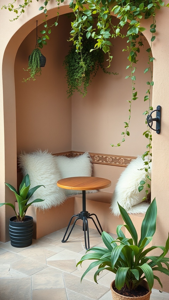 Cozy corner dining nook with a bench seat, round table, and potted plants.