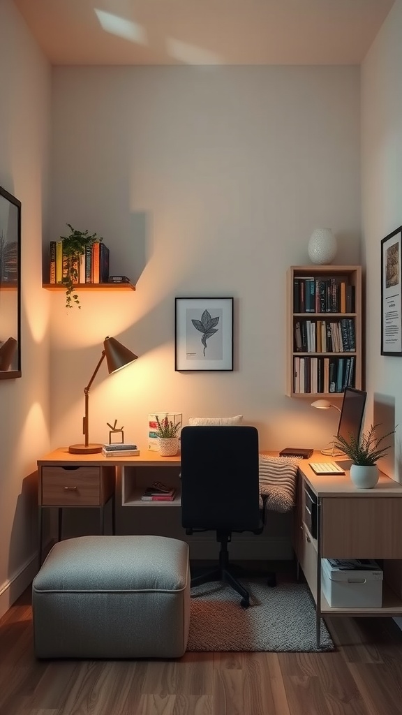 A cozy home office corner with a desk, chair, and ottoman, featuring warm lighting and bookshelves.
