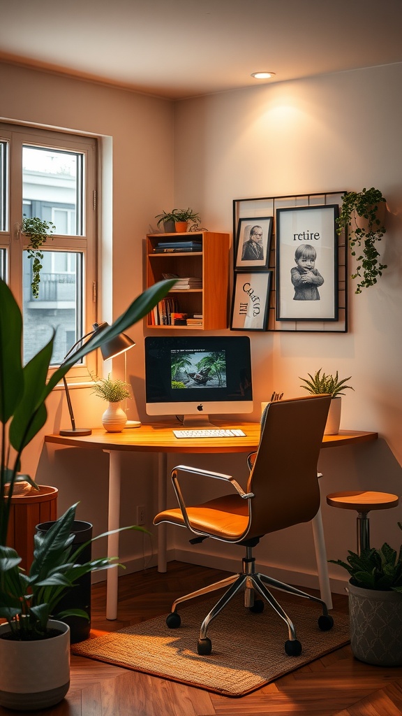 A well-designed cozy corner home office setup featuring a wooden desk, comfortable chair, green plants, and warm lighting.