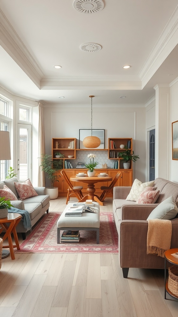 Cozy living room with reading nook, comfortable sofas, and dining area