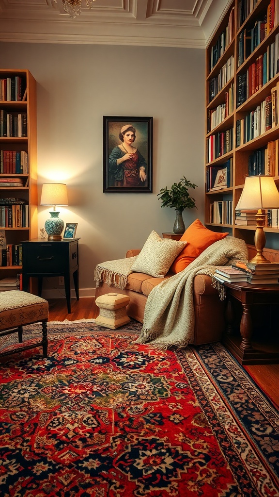 Cozy reading corner with vintage Persian rug, brown couch, and bookshelves