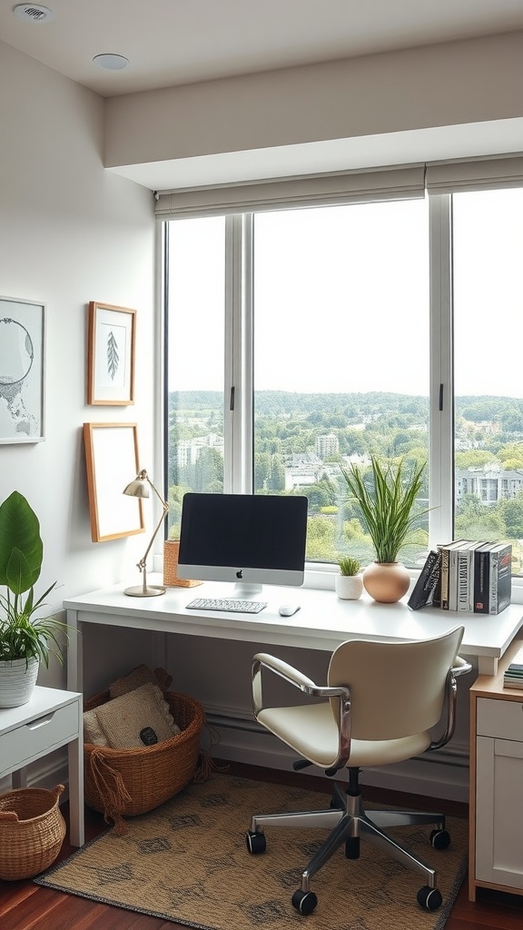 Cozy corner workspace with a desk, computer, plants, and a view