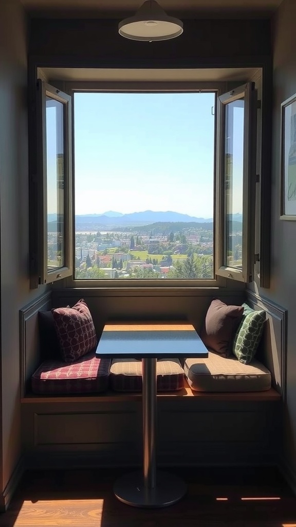 Cozy dining nook with a table and cushions, large windows open to a scenic view