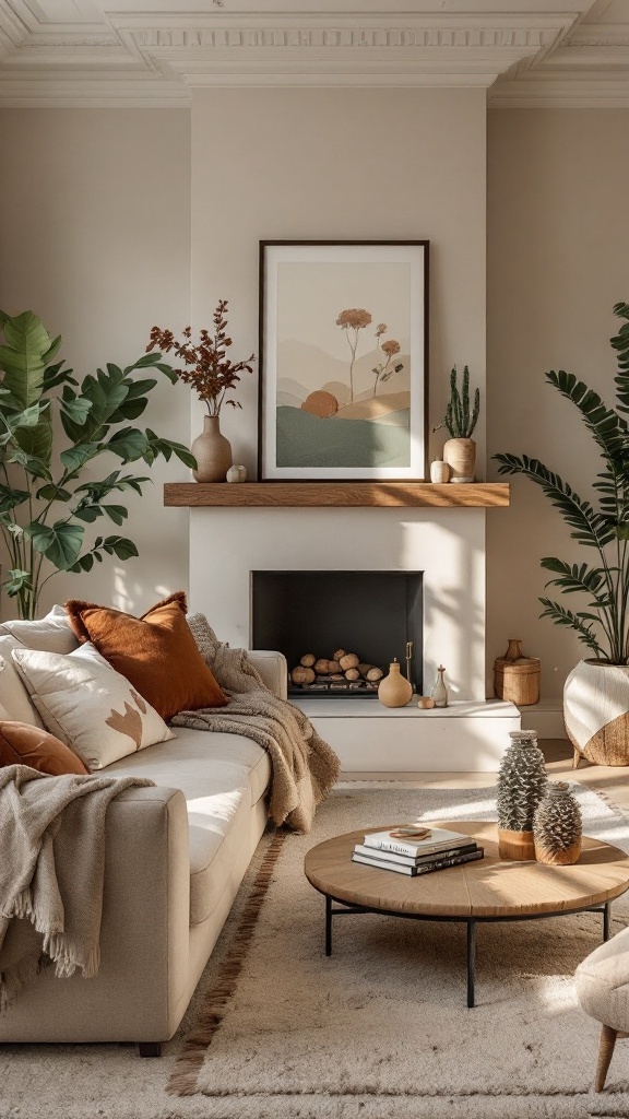 Cozy living room with earth tones, featuring a rattan chair, wooden coffee table, and plants.