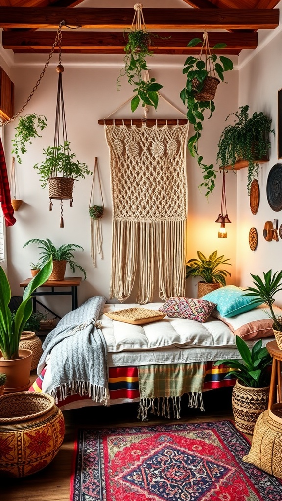 Cozy boho bedroom featuring plants, macramé decor, and colorful textiles