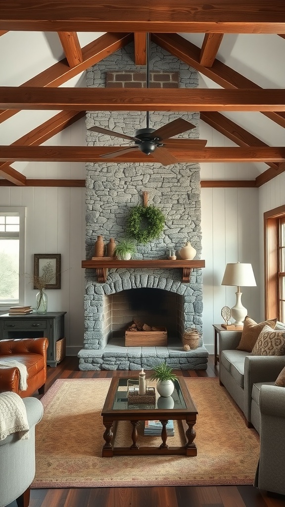 Cozy living room with a stone fireplace, wooden beams, and rustic furniture.