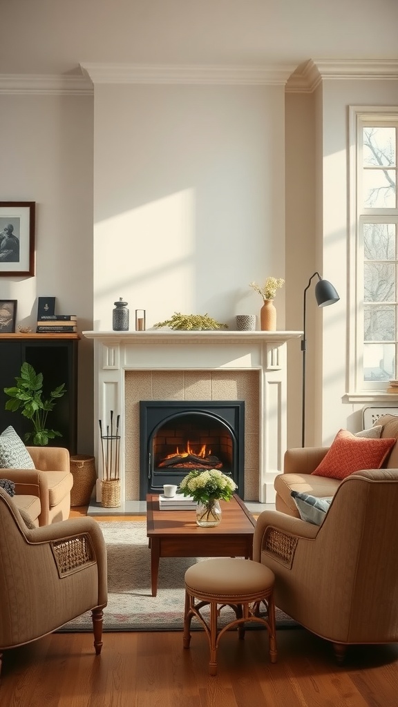 A cozy living room featuring a fireplace as the focal point, with plush seating and simple decor.