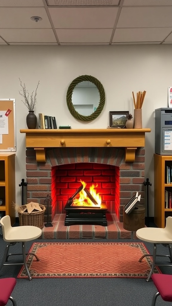 A cozy classroom reading corner featuring a fireplace with flickering flames, two empty chairs, and a decorative mantel.