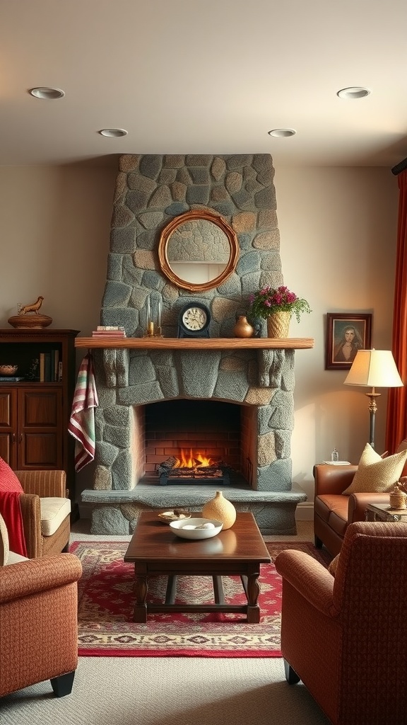 Cozy living room with a stone fireplace, comfortable seating, and warm decor.