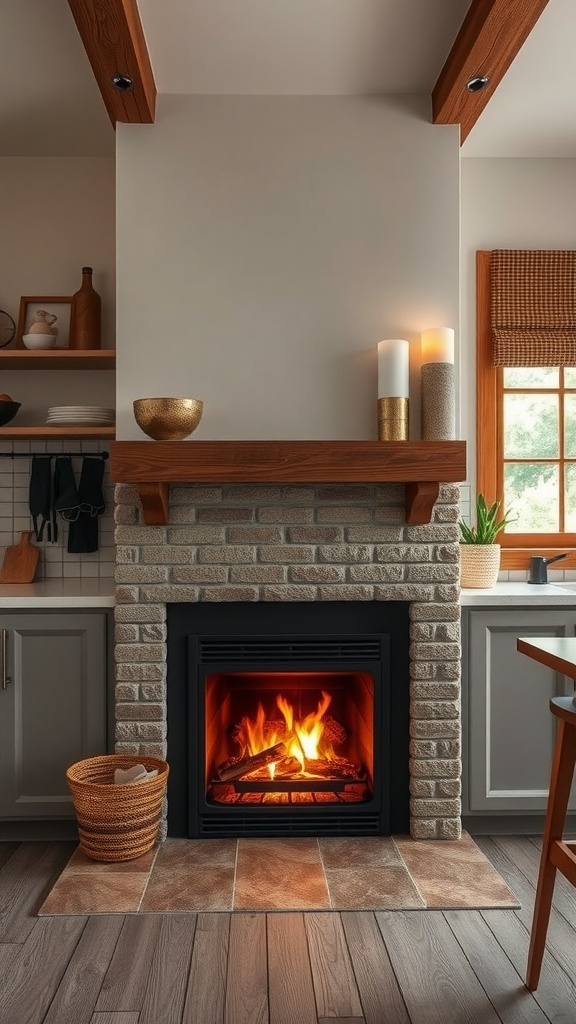 Cozy kitchen with a fireplace featuring a stone surround and wooden mantel, showcasing a warm and inviting atmosphere