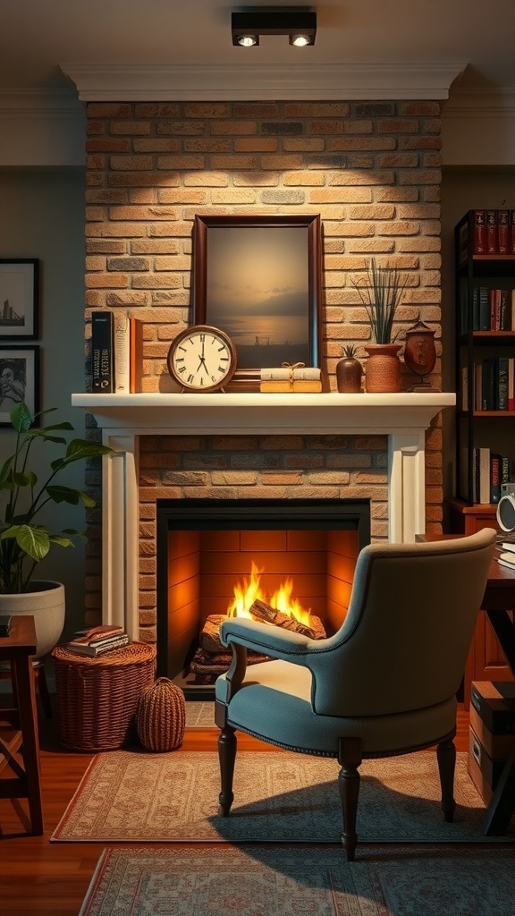 Cozy fireplace nook with a brick wall, armchair, and decorative elements