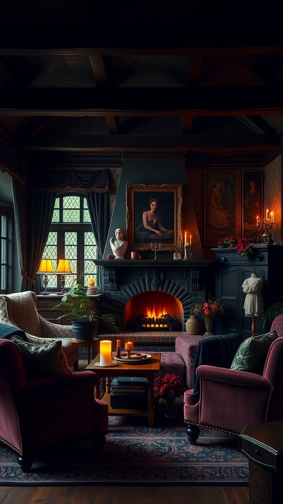 A cozy gothic cottage living room with dark colors, vintage furniture, and a warm fireplace.