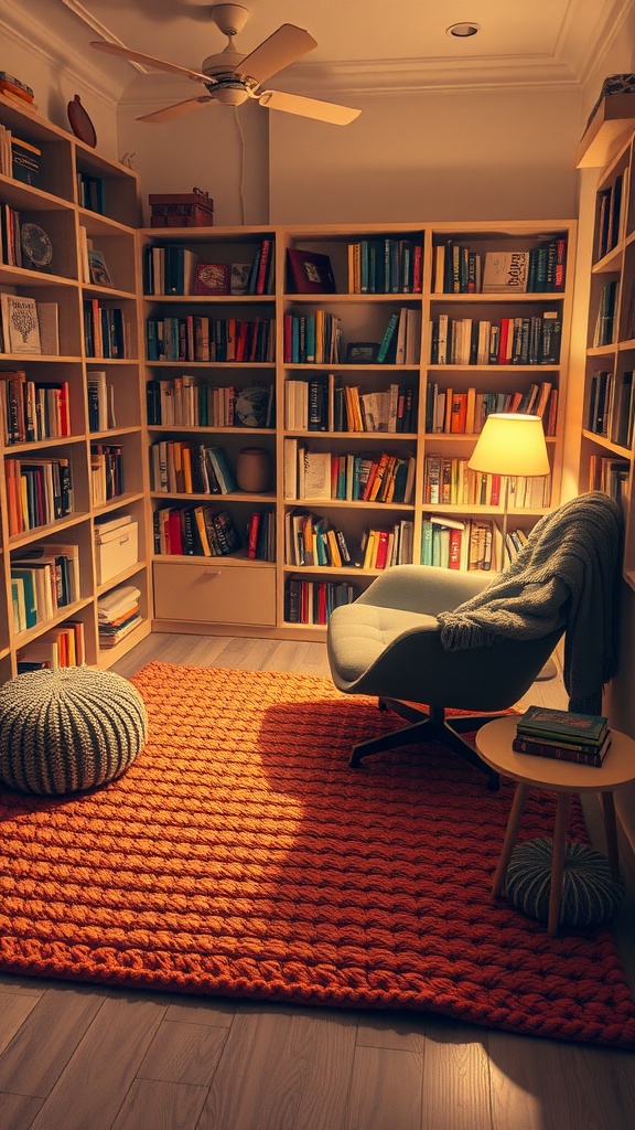 Cozy reading nook featuring a knitted rug, a comfortable chair, and bookshelves filled with books.