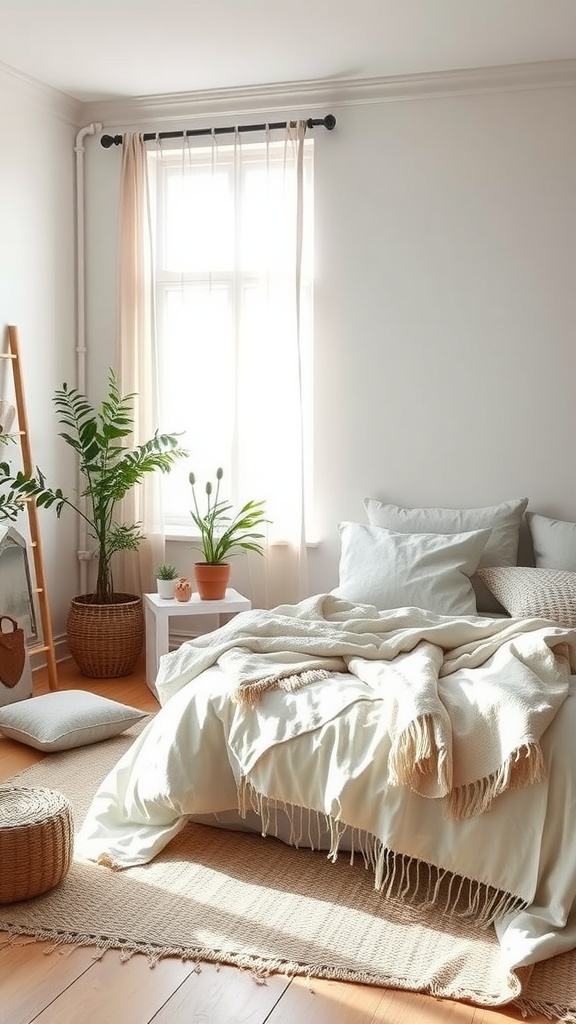 A cozy Scandi Boho bedroom with soft linens, plants, and a light, inviting atmosphere.