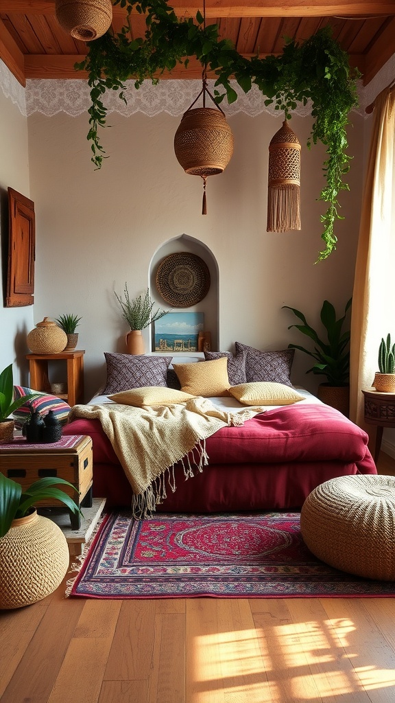 Cozy boho bedroom with deep red bedding, hanging plants, and unique light fixtures.