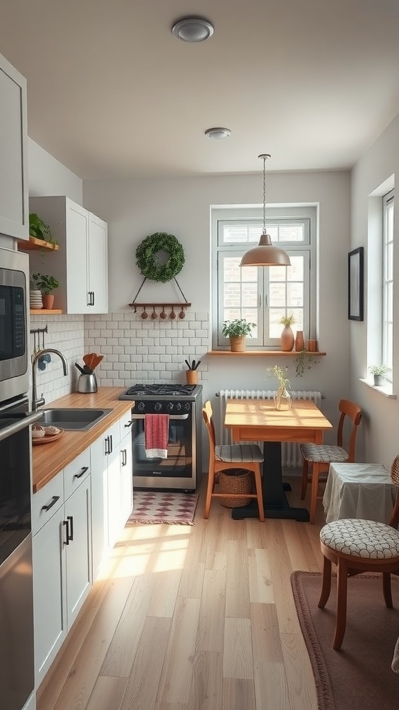 A cozy tiny kitchen with a dining nook, featuring wooden table and chairs, bright window, and natural decor.