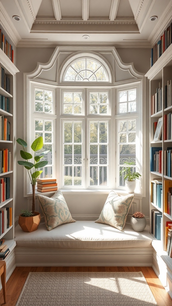 A cozy bay window nook with cushions, books, and plants, bathed in natural light.