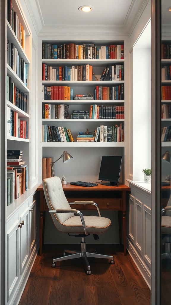 A cozy home office nook with bookshelves filled with books, a desk with a computer, and a comfortable chair.