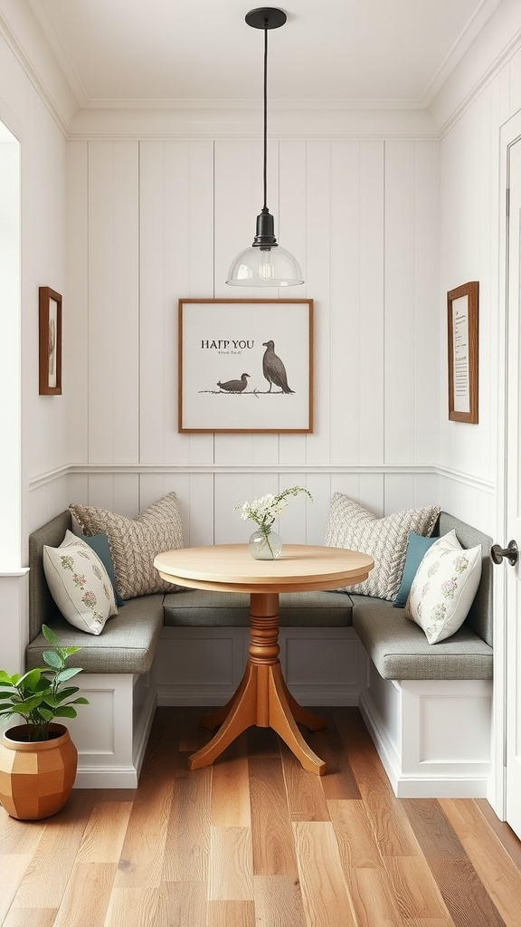 Cozy dining nook with built-in seating, round table, and decorative pillows