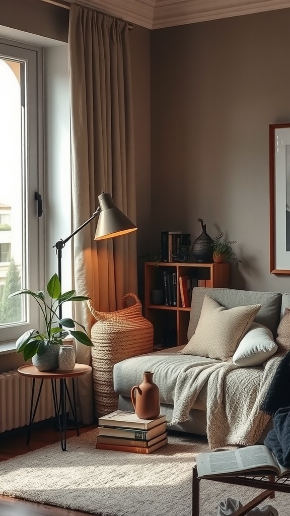 Cozy living room corner with soft lighting, plush sofa, and decorative elements.