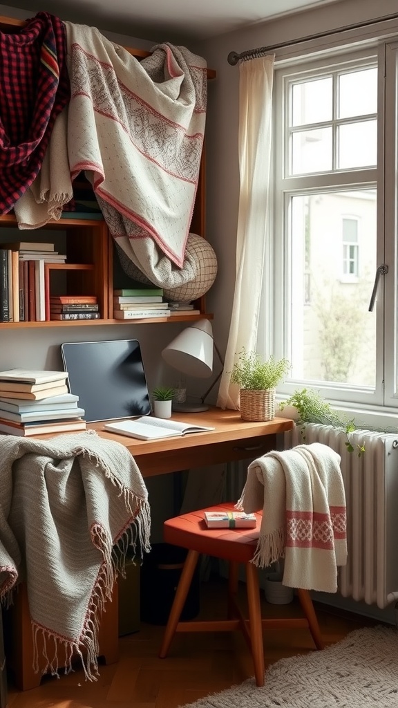 A cozy workspace with soft textiles, a computer, and books, illuminated by natural light from a window.