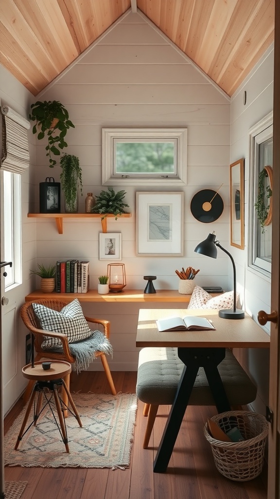 Cozy tiny home office nook with wooden walls, a desk, and decorative shelves.