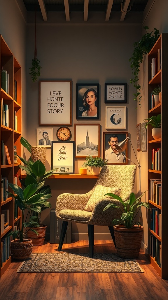 Cozy office nook with a chair, bookshelves, and wall art.