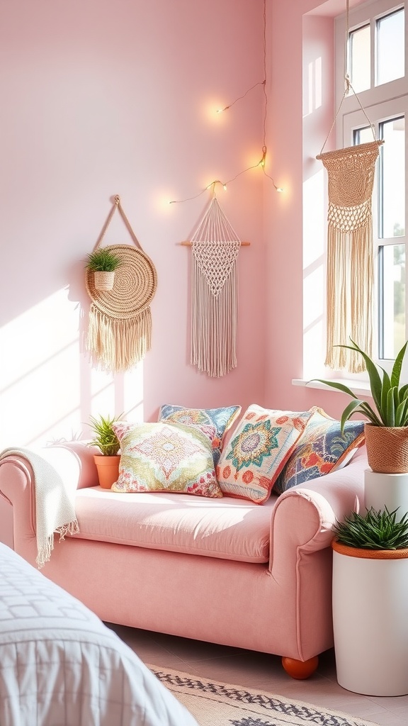 A cozy pink nook featuring a pink couch with colorful pillows, wall hangings, and plants, showcasing a Pink Boho Style Bedroom.