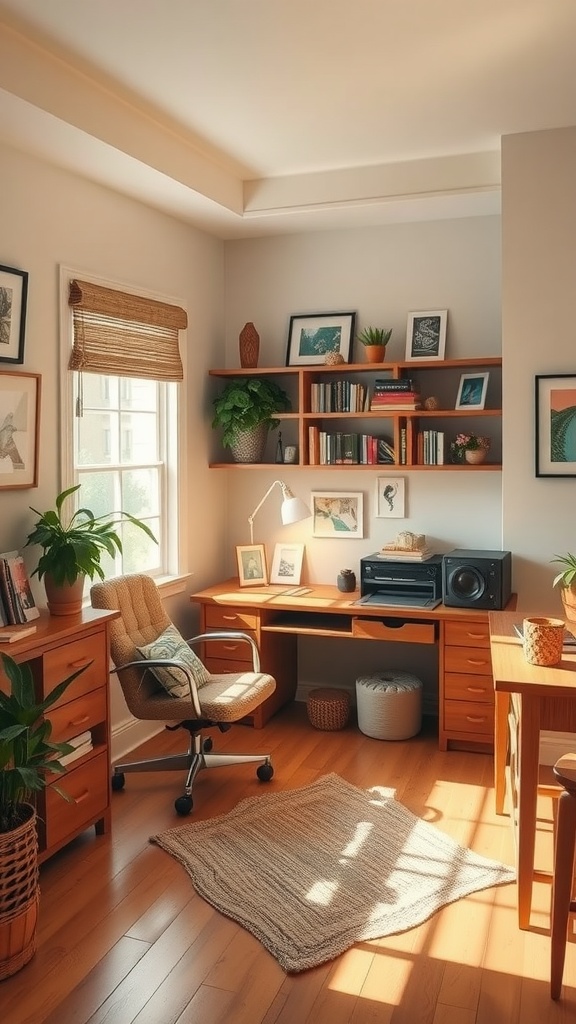 A cozy reading and craft space with wooden furniture, plants, and a bright window.