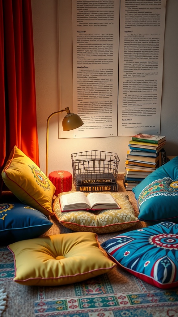 A cozy reading corner featuring colorful floor cushions, a lamp, and an open book on a rug.