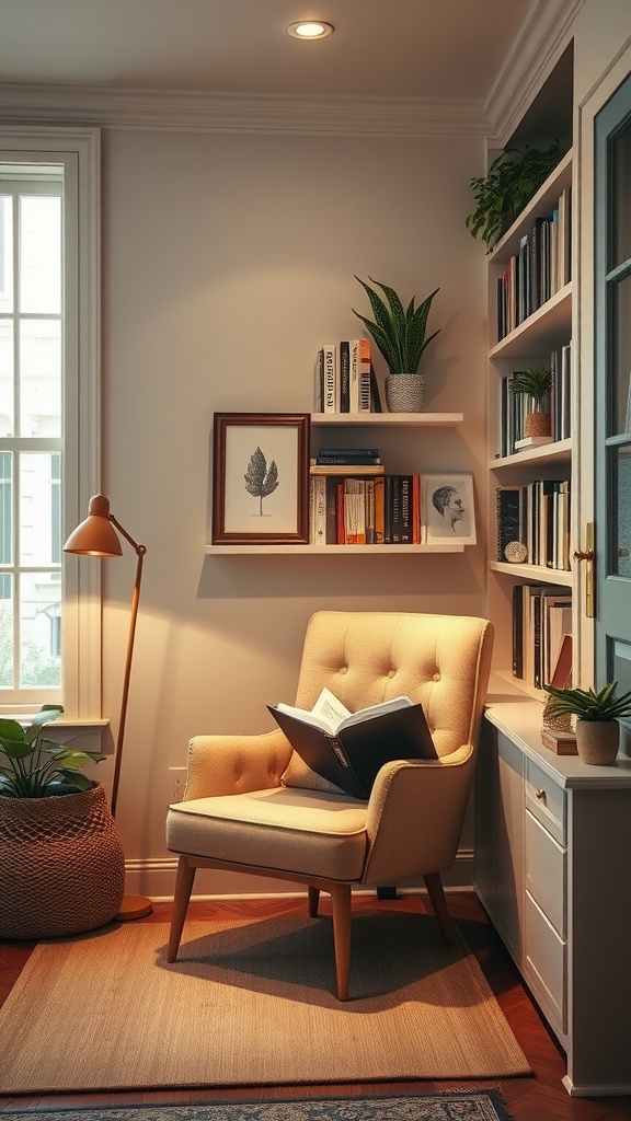 A cozy reading nook featuring a light-colored armchair, bookshelves filled with books, and potted plants in a well-lit home office.