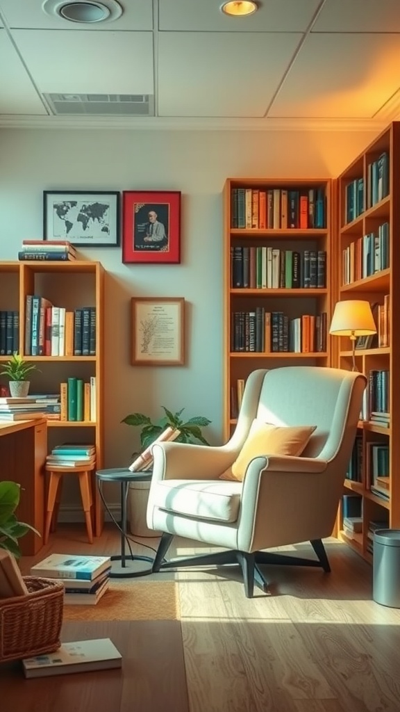 A cozy reading nook in an office with a comfortable chair, bookshelves filled with books, and warm lighting.