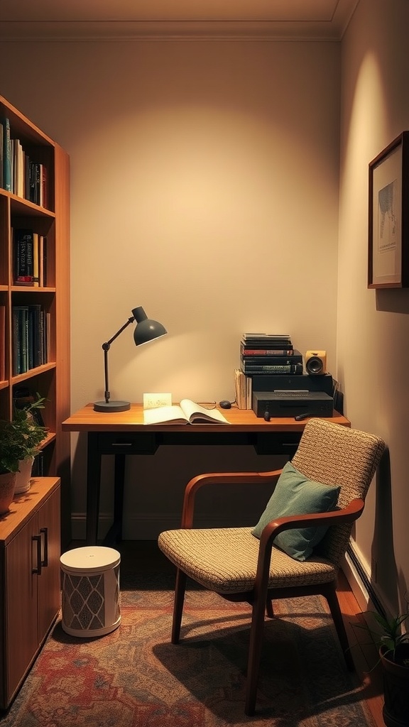 Cozy reading nook with a chair, desk, and bookshelf in a small home office