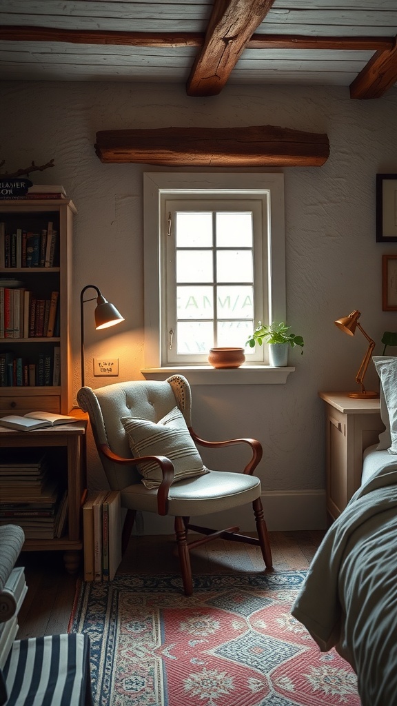 A cozy reading nook with a soft chair, bookshelves, and warm lighting in a rustic bedroom.