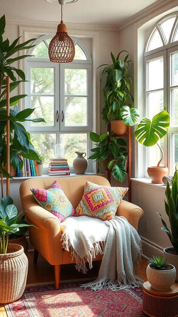 Cozy reading nook with an orange chair, colorful pillows, and plants in a sunroom.