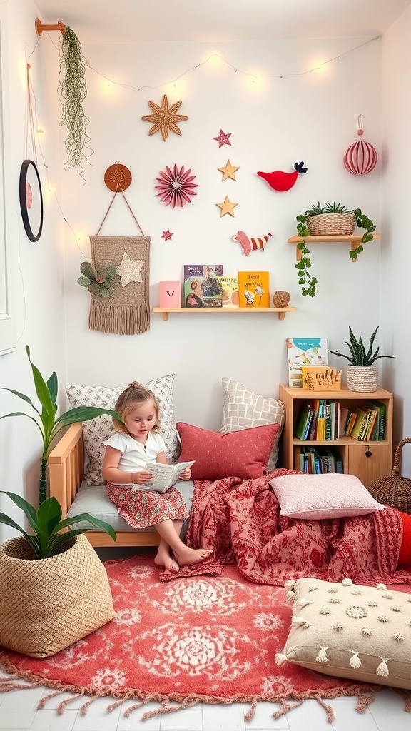 Cozy reading nook for toddlers with cushions, plants, and colorful wall decorations